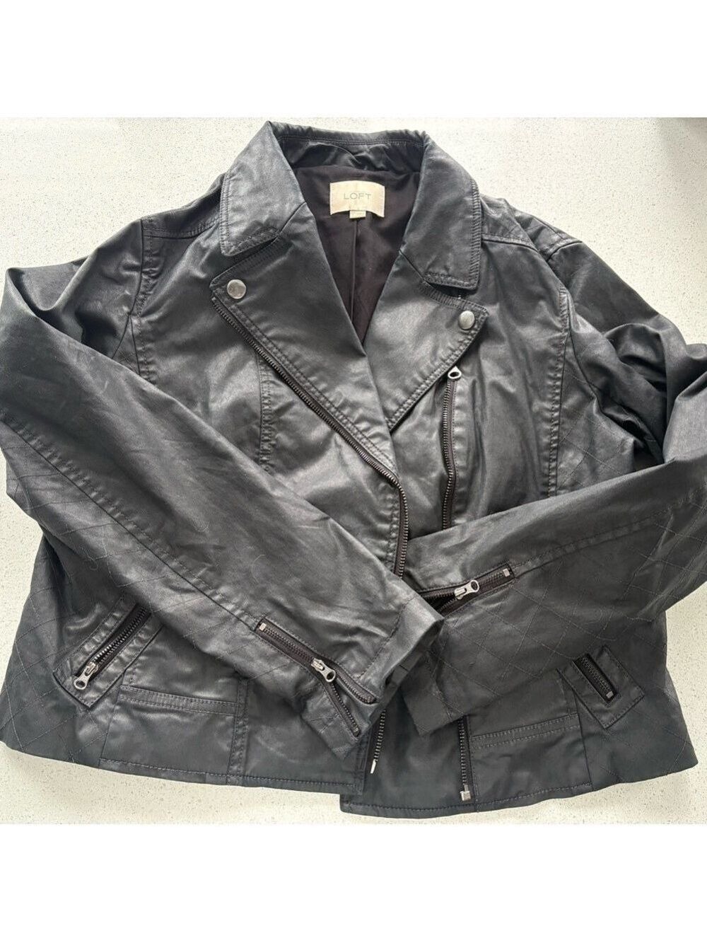 LOFT black faux leather motto Jacket